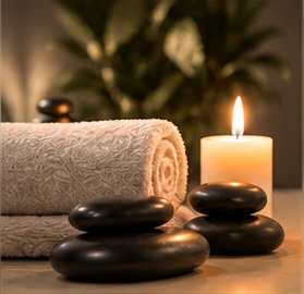 Ambiente preparado para sessão de massoterapia, com toalhas dobradas, pedras aquecidas e vela acesa